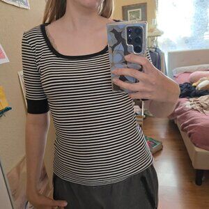 Scoop Boat Neck Grunge 90s Black and White Shirt